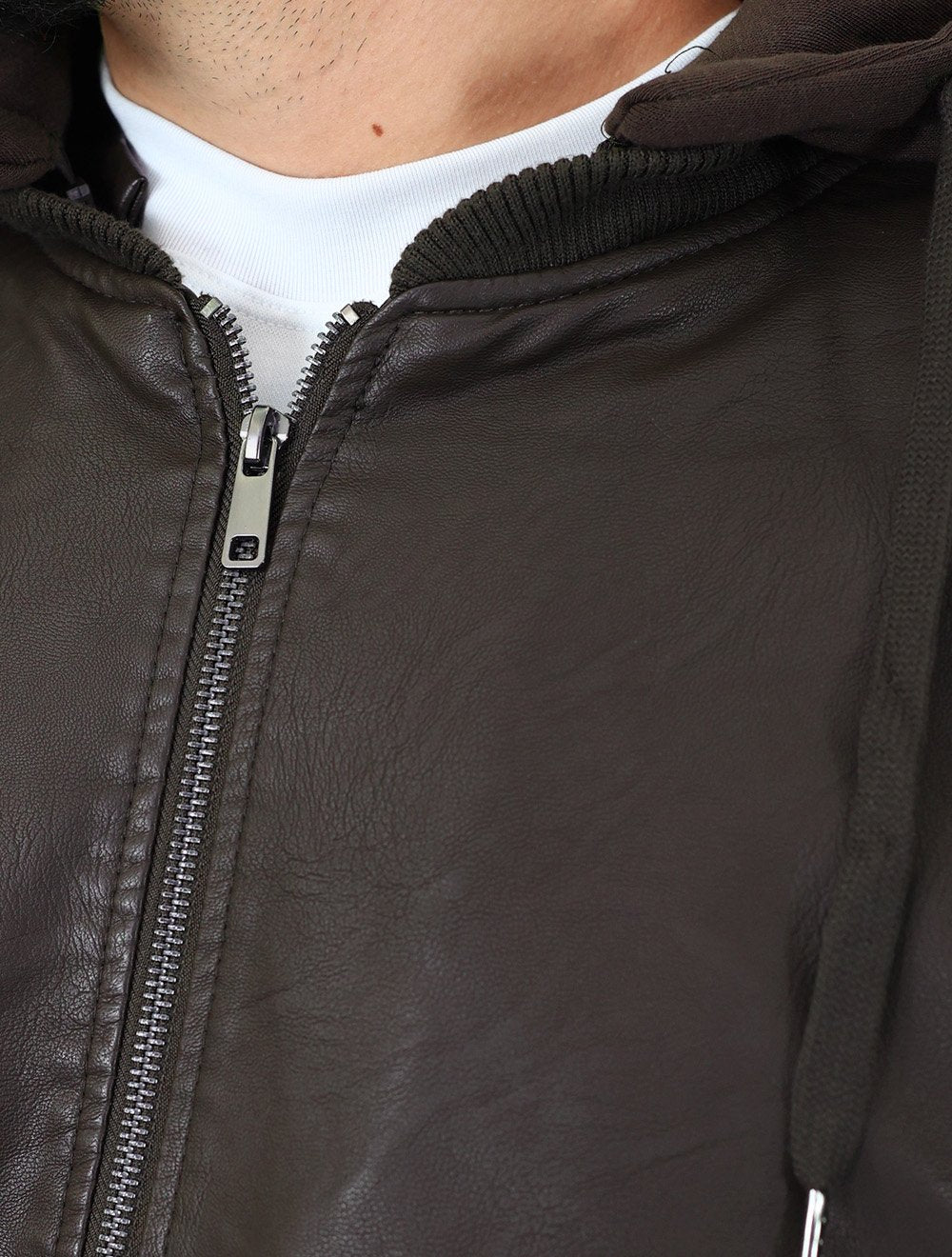 Jaqueta Dixen PU Bomber Capuz Zíper Frontal Marron