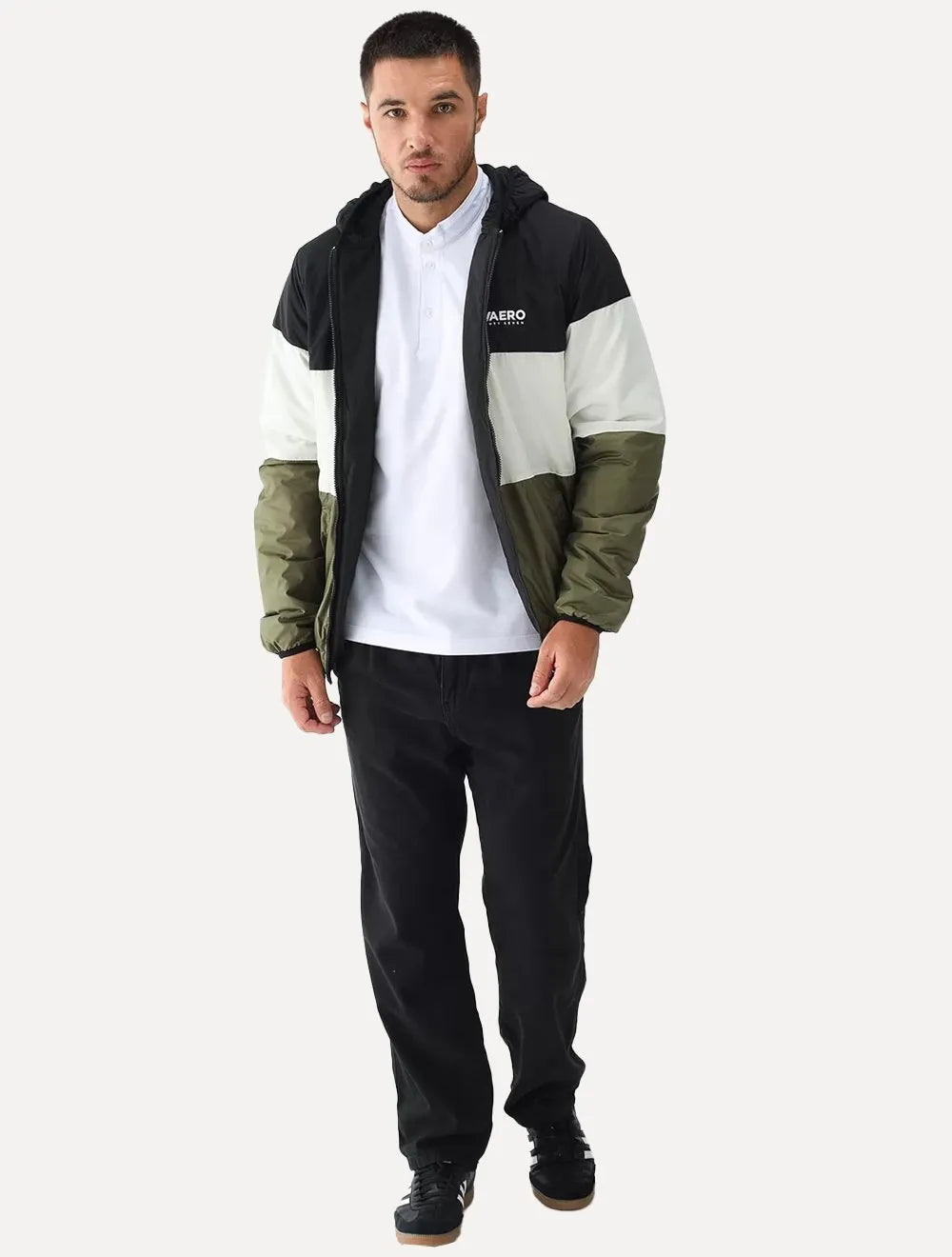 Jaqueta Aeropostale Masculina Dupla Face Nylon Colorblock Preta/Branca/Militar