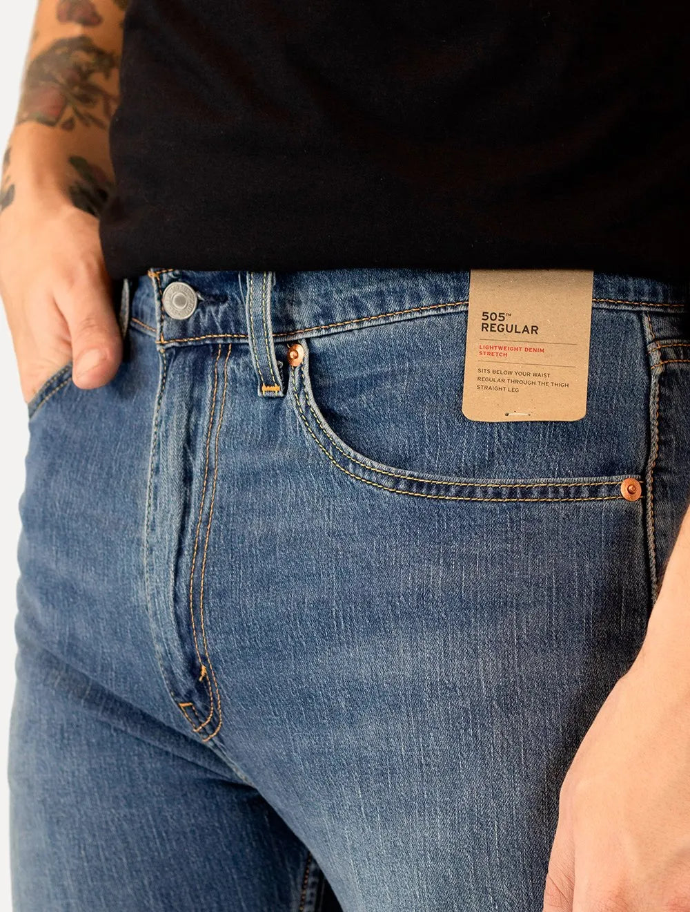 Calça Levis Jeans Masculina 505 Regular Stretch 1967 Zip Azul Médio