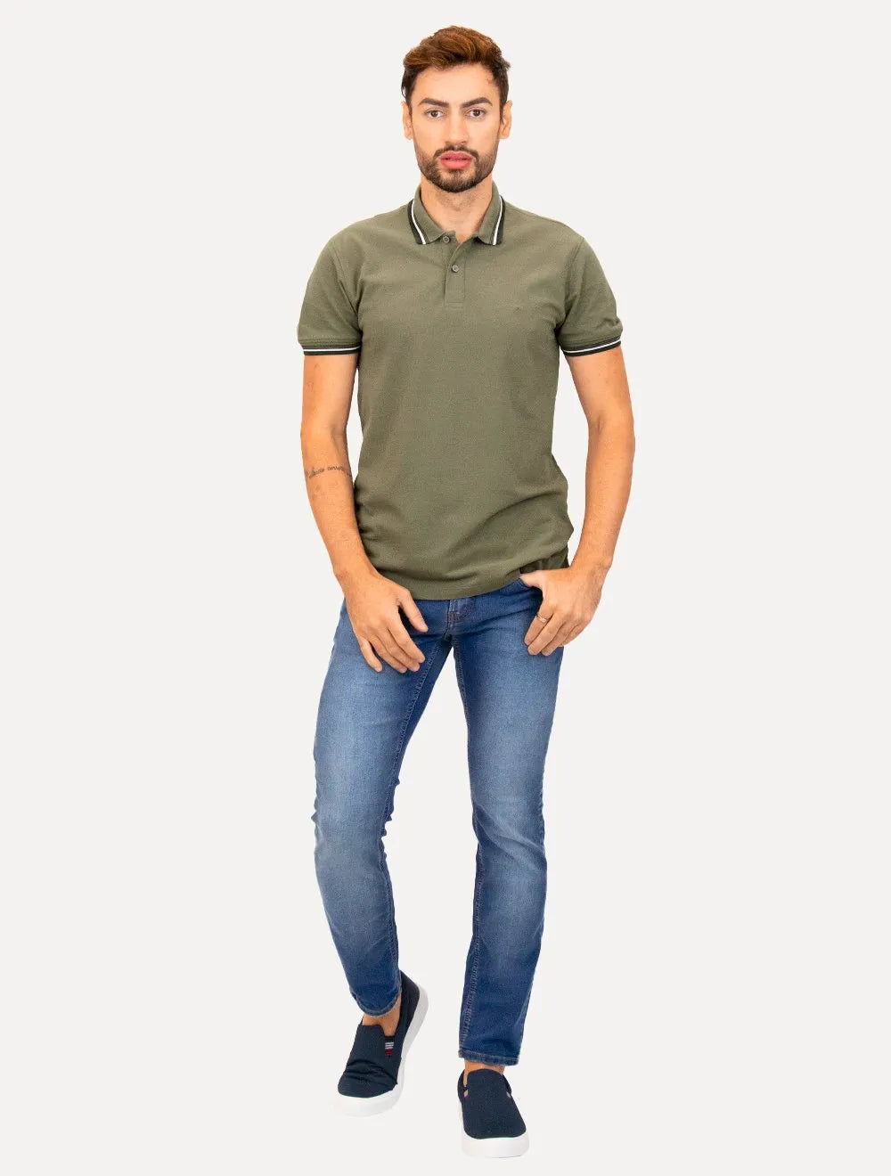 Polo Aramis Masculina Piquet Duplo 6 Frisos Verde Sálvia