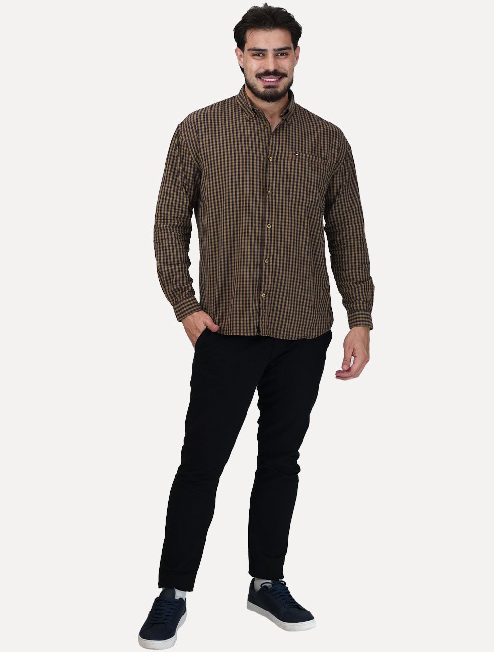 Camisa Tommy Jeans Masculina Relaxed Xadrez Poplin Pocket Marrom