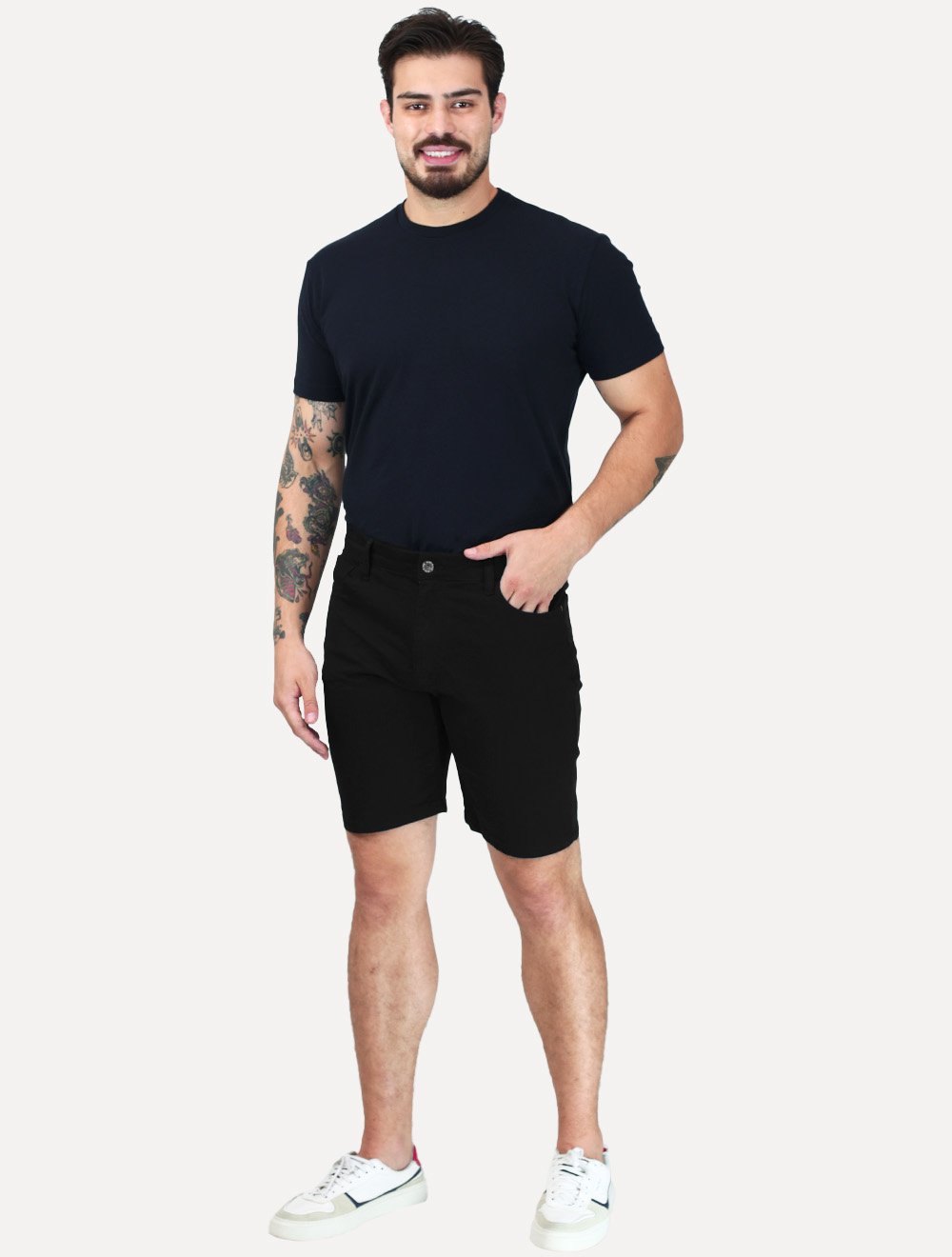 Bermuda King & Joe Masculina Slim Sarja 2X1 Five Pockets Preto
