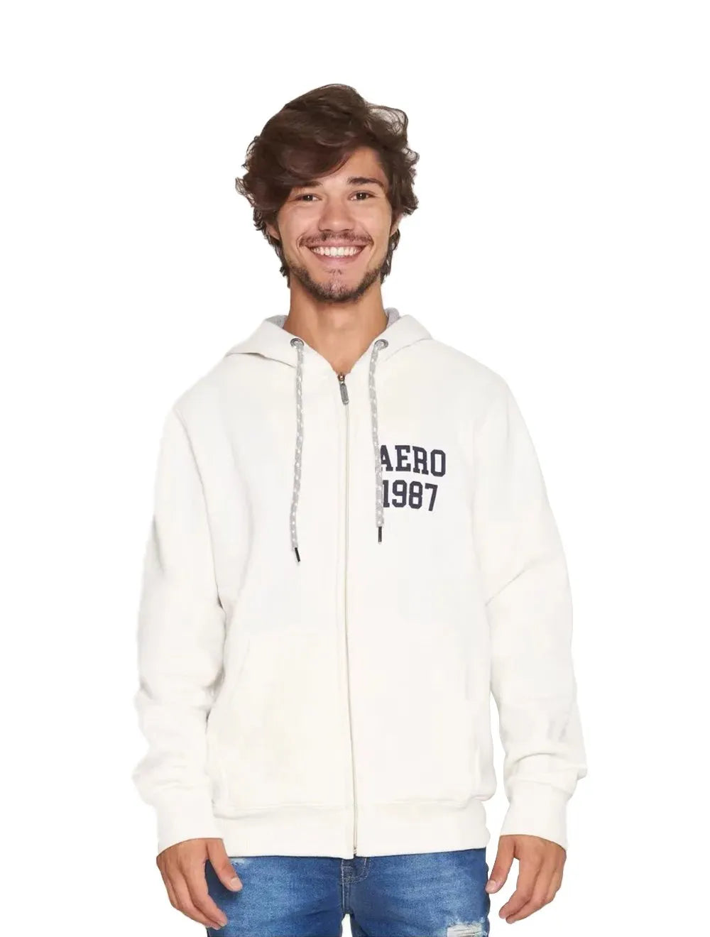 Moletom Aeropostale Masculino Canguru Full-Zip Aero Back Off-White