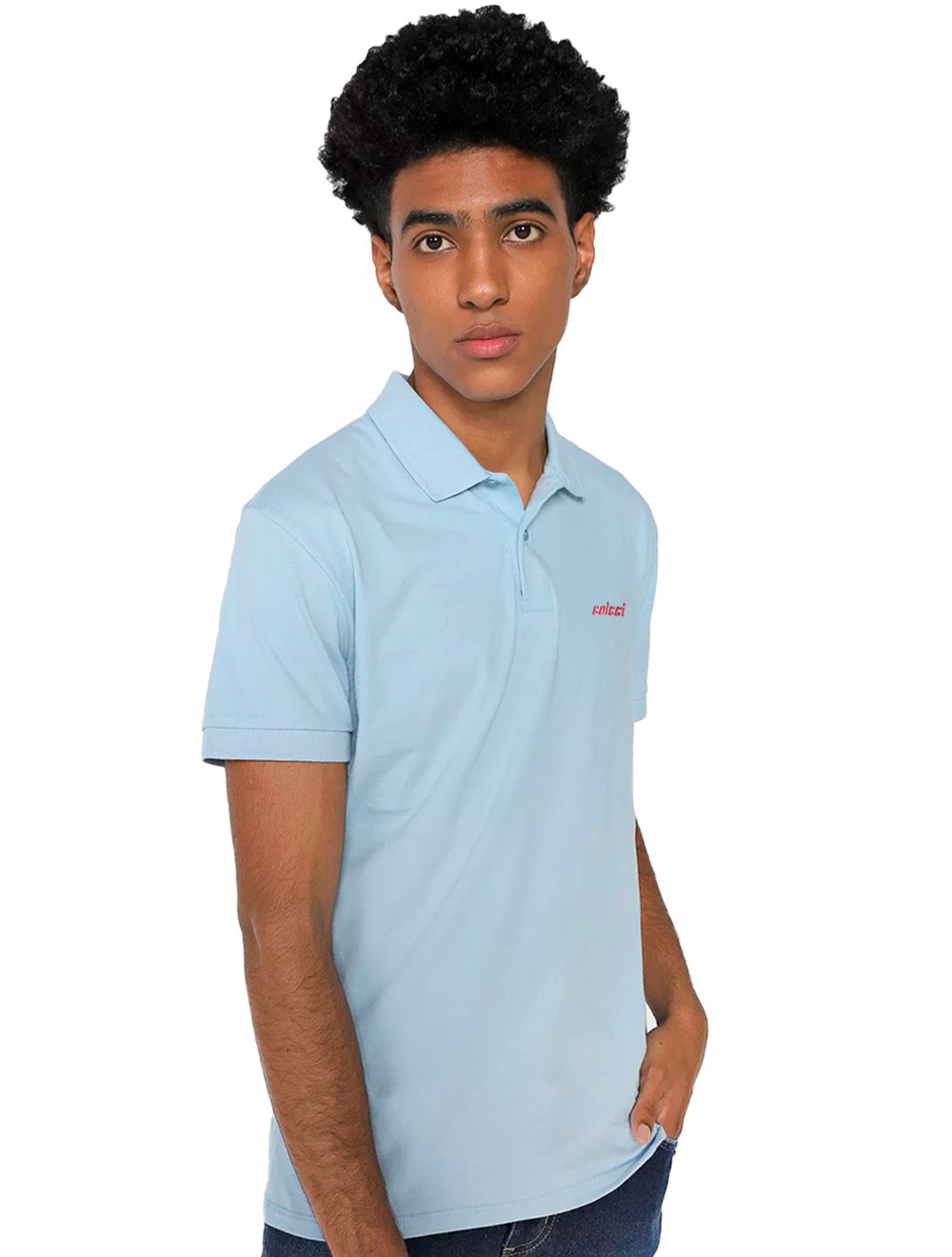 Polo Colcci Masculina Piquet Pink Logo Azul Claro