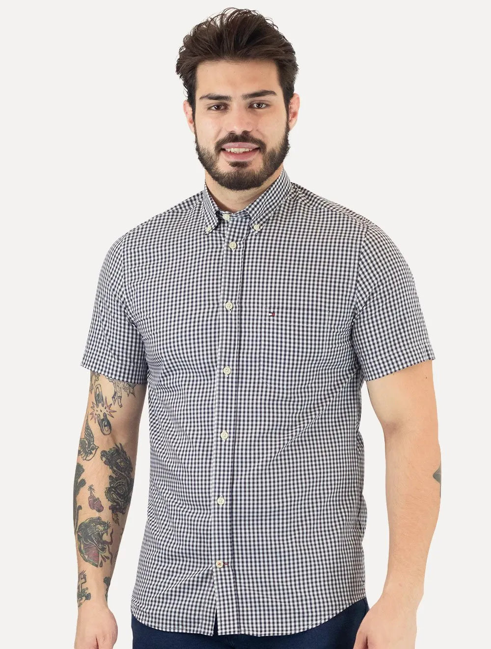 Camisa Tommy Hilfiger Masculina Manga Curta Pocket Gingham Marinho