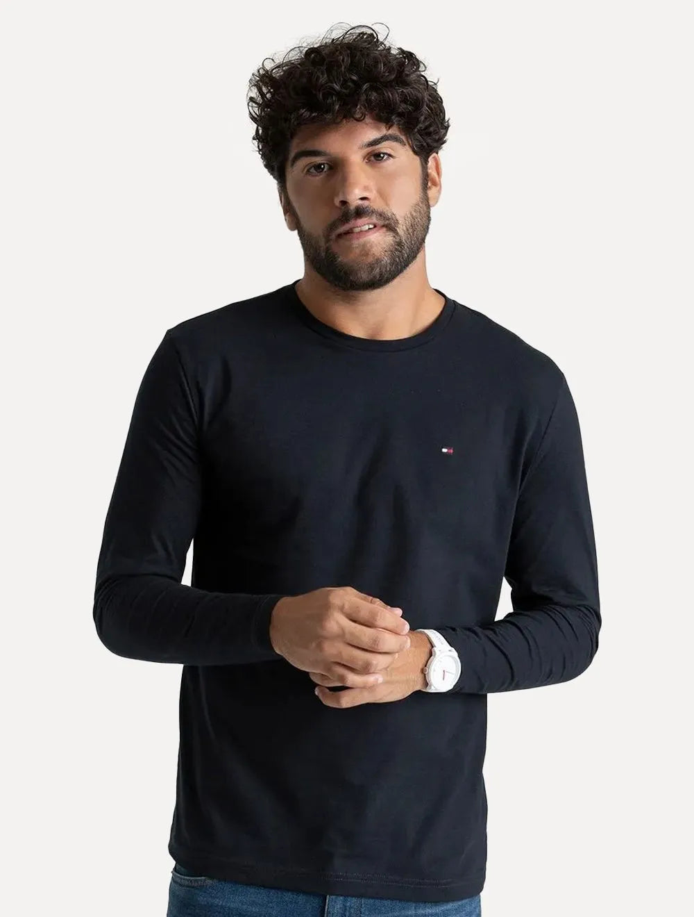 Camiseta Tommy Hilfiger Masculina Manga Longa Essential Cotton Azul Marinho