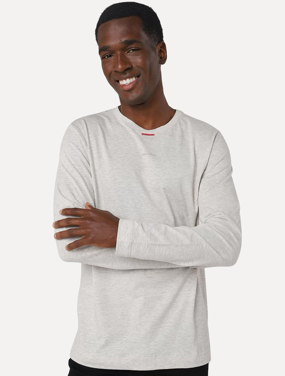 Camiseta Aramis Masculina Manga Longa Lisa Bordado Gola Areia Mescla