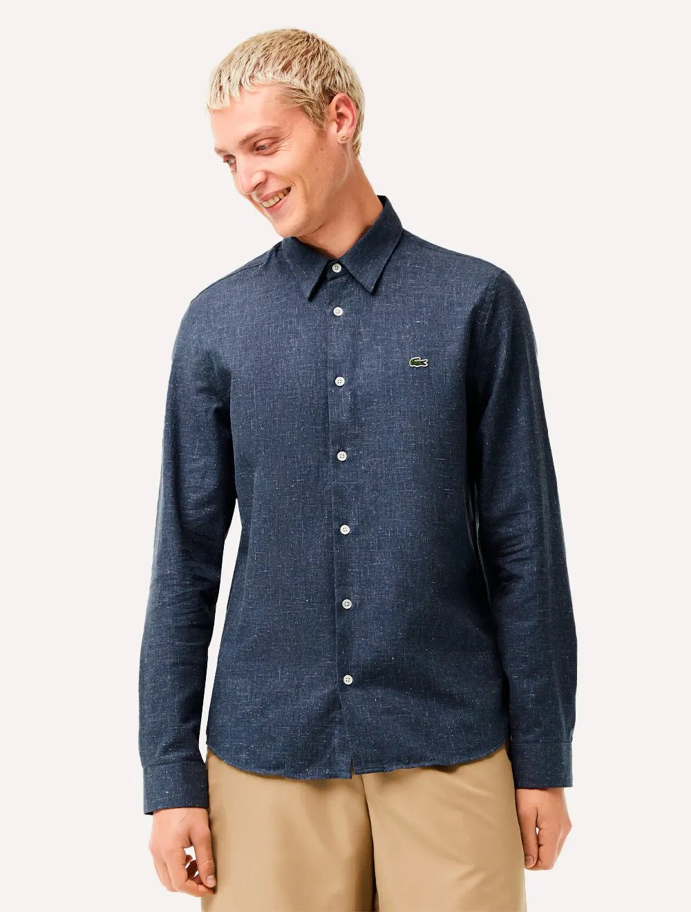 Camisa Lacoste Masculina Slim Fit Cotton Chambray Azul Escuro Mescla