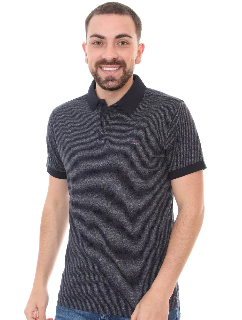 Polo Aramis Masculina Malha Listra Mesclada Azul Marinho