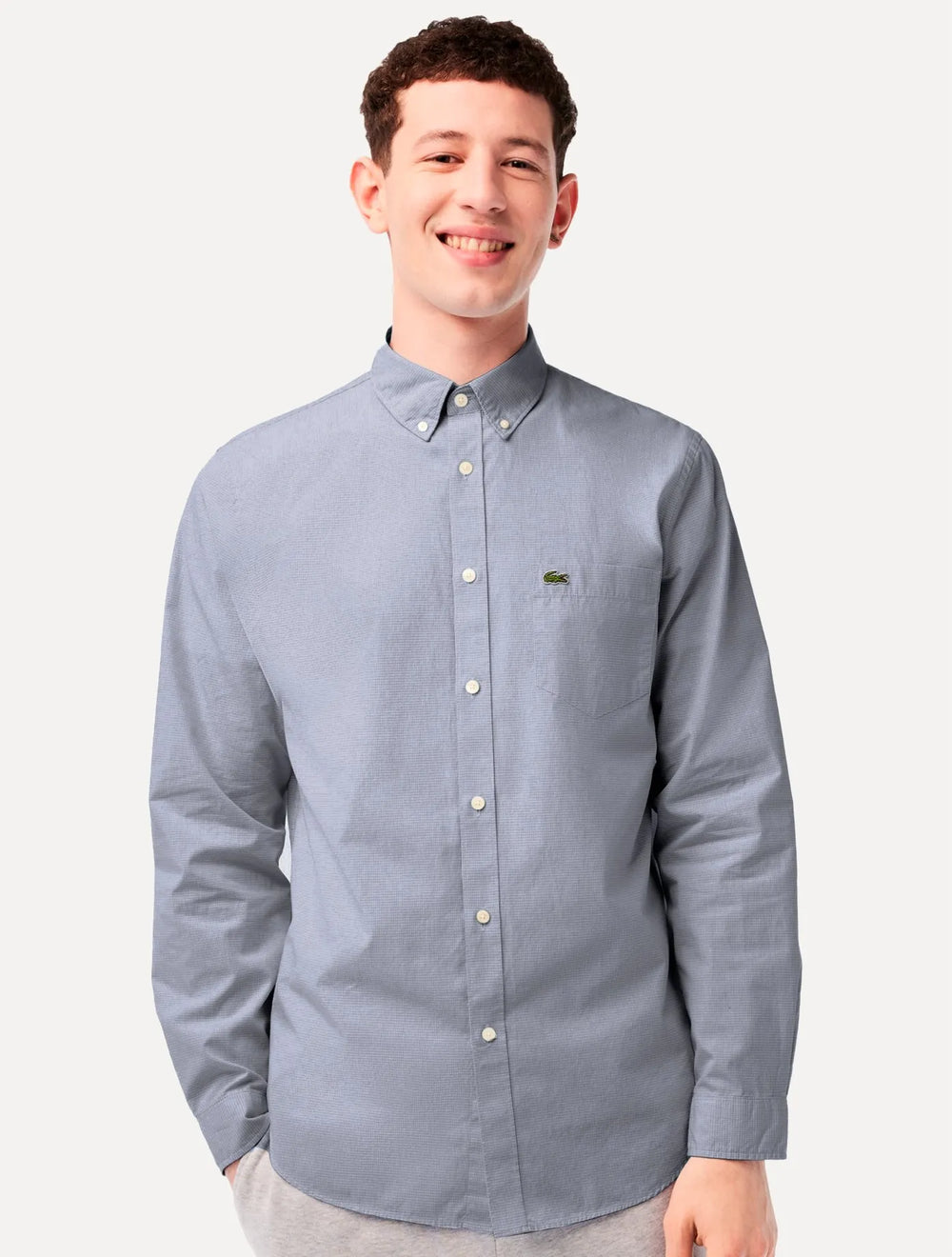 Camisa Lacoste Masculina Cotton Poplin Grid Branco/Azul