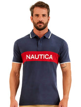 Polo Nautica Piquet Frisos Logo Colorblock Azul Marinho