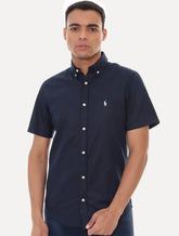 Camisa Ralph Lauren Masculina Manga Curta Custom Fit Oxford Azul Marinho