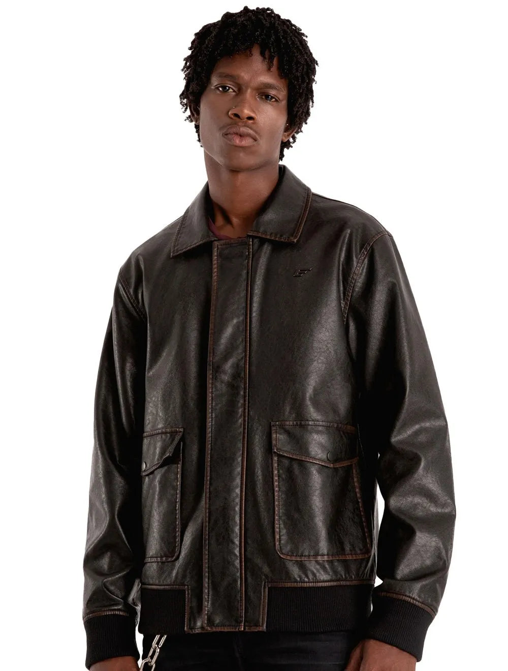 Jaqueta Ellus Masculina PU Leather Washed New Aviator Marrom Café