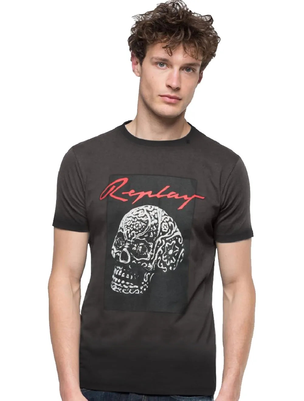 Camiseta Replay Masculina Helmet Skull Grafite