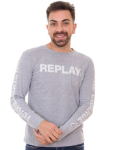 Camiseta Replay Masculina Manga Longa Logo Chest Cinza Mescla