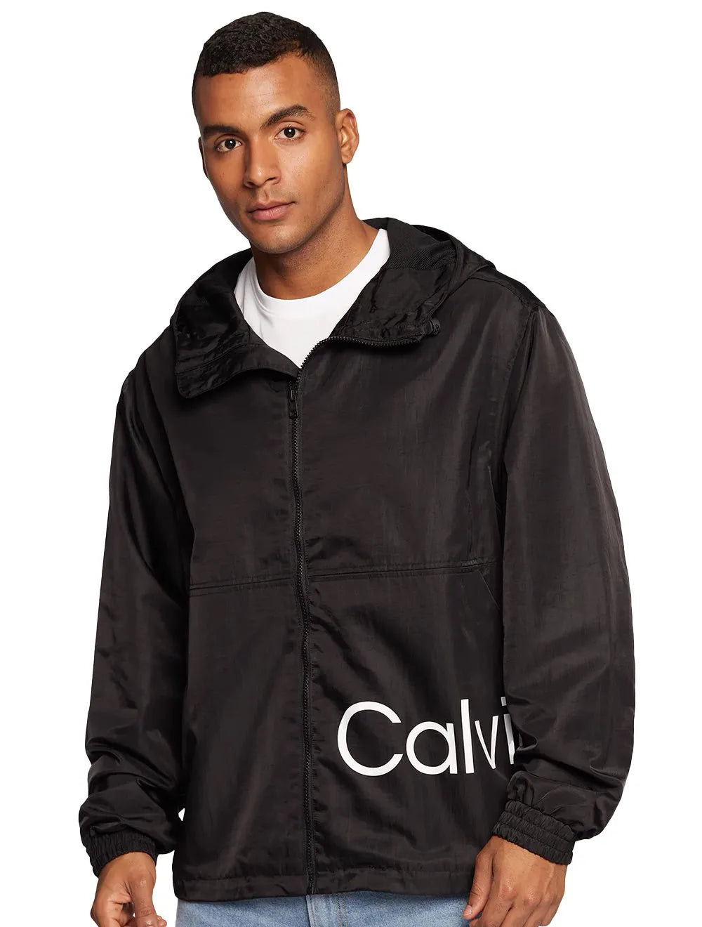 Jaqueta Calvin Klein Jeans Masculina Hoodie Colorblock Lateral Logo Preta