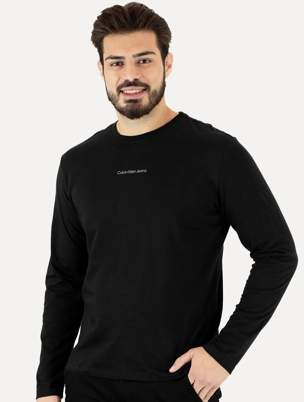 Camiseta Calvin Klein Jeans Masculina Manga Longa Institutional Grey Logo Preta