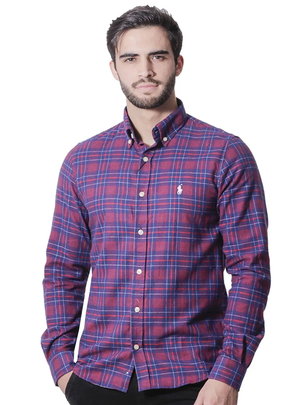 Camisa Ralph Lauren Masculina Custom Fit Flannel Xadrez Gordon Vermelho/Marinho