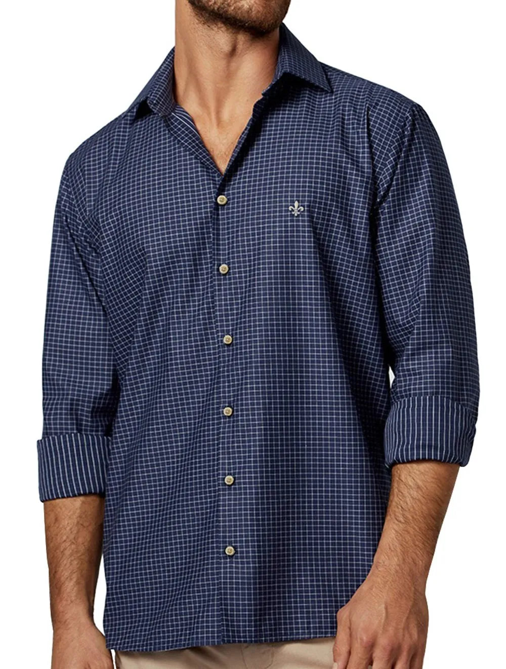 Camisa Dudalina Masculina Comfort Slub Cotton Xadrez Azul Marinho