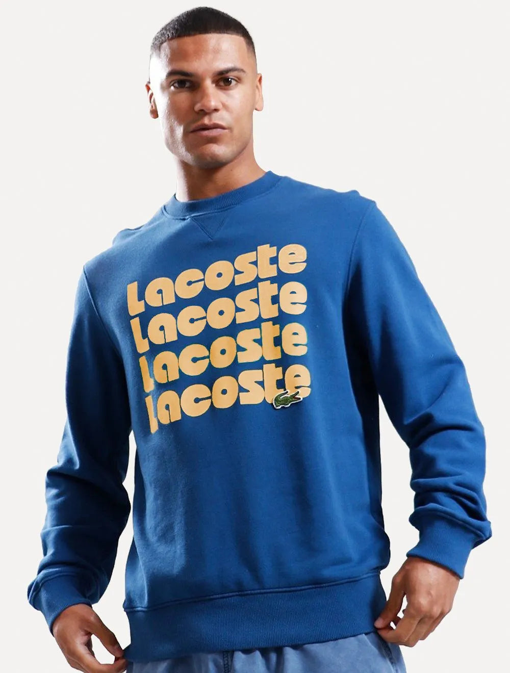 Moletom Lacoste Masculino Crewneck Classic Fit Khaki Logo Azul
