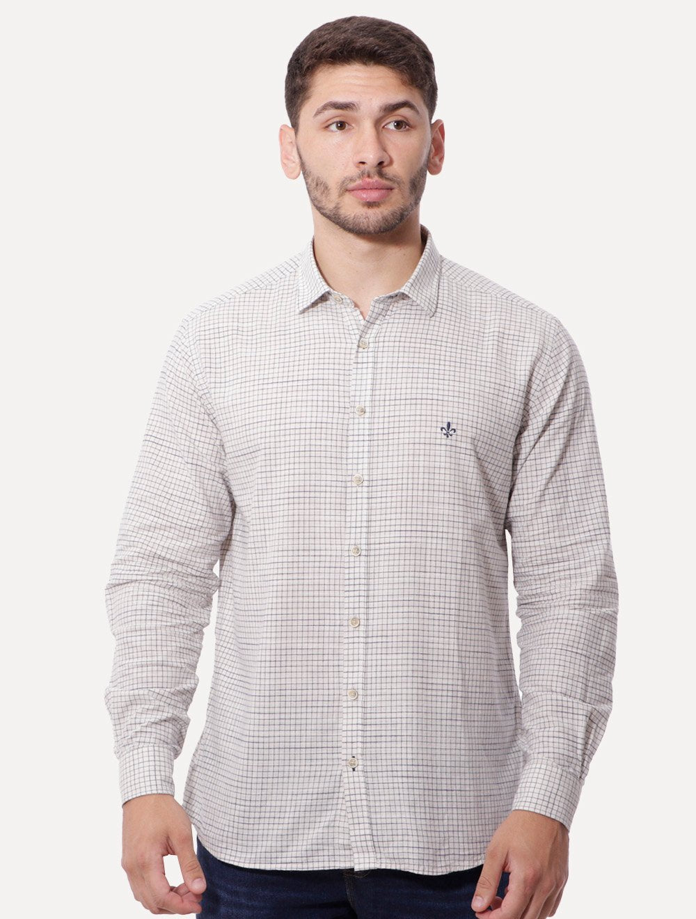 Camisa Dudalina Masculina Comfort Slub Cotton Xadrez Off-White