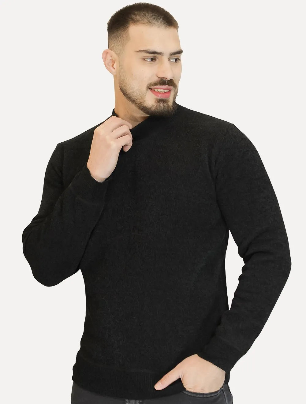Suéter Masculino Slim Gola Média Preto Mescla