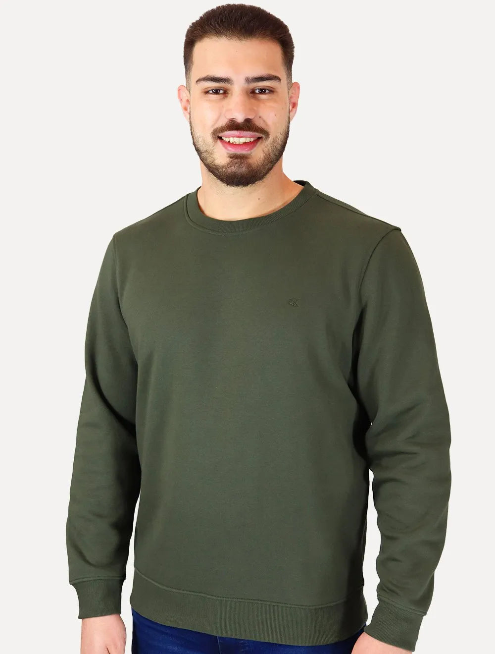 Moletom Calvin Klein Jeans Masculino Crewneck CK Small Bordado Verde Militar