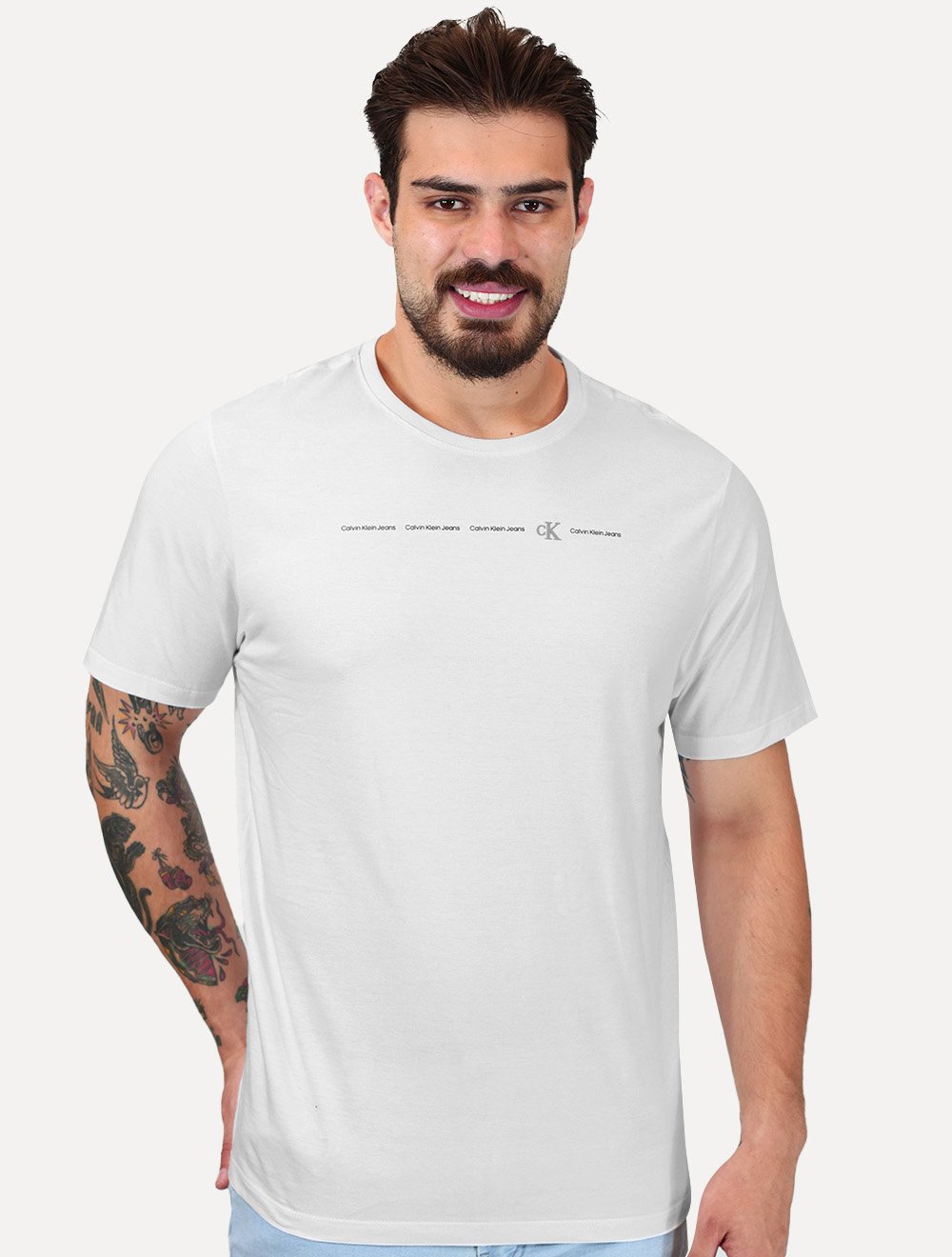 Camiseta Calvin Klein Jeans Masculina Meia Malha Logo Flow Branca