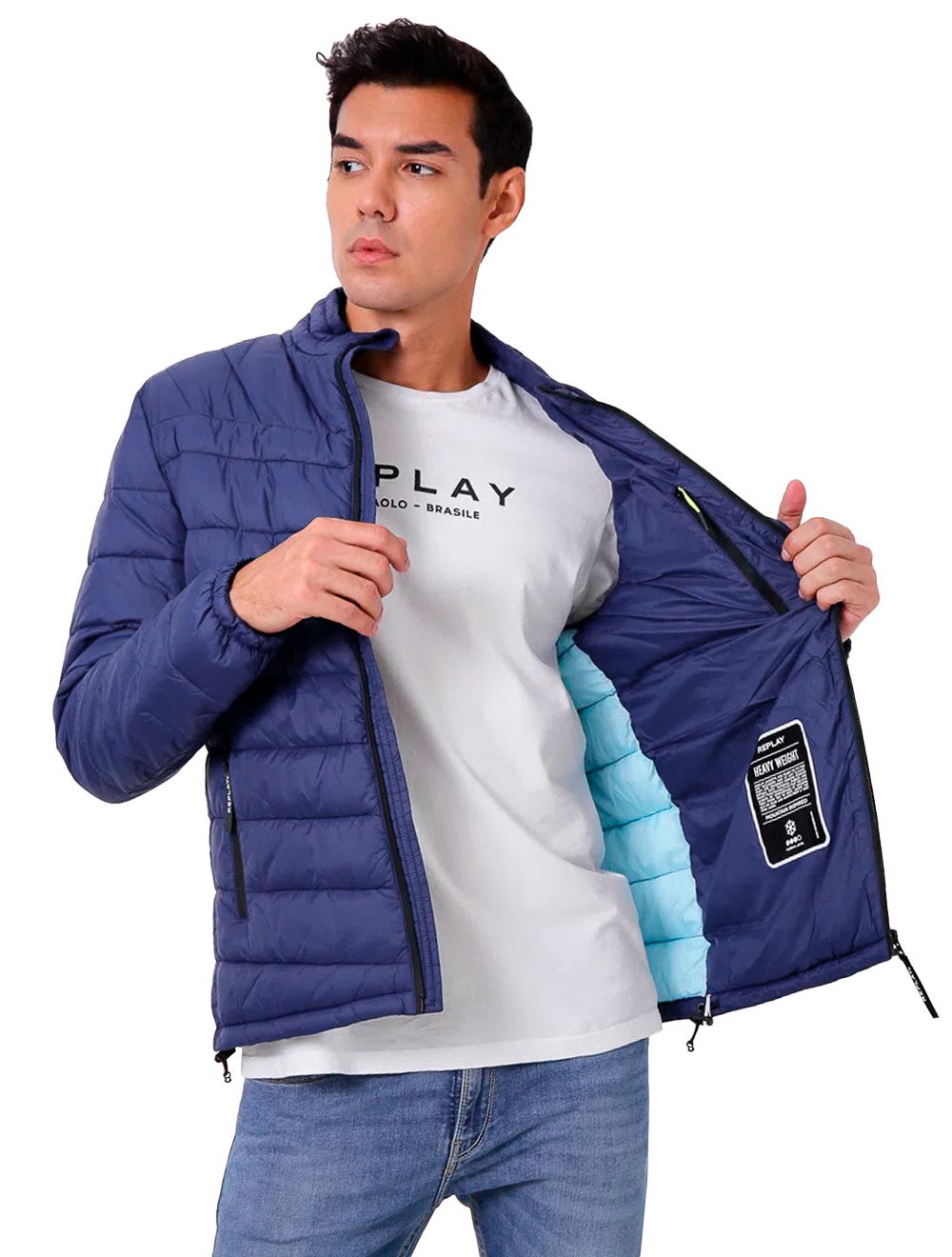 Jaqueta Replay Masculina Nylon Matelassê Azul Escuro