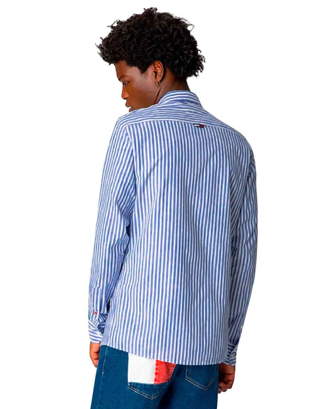 Camisa Tommy Jeans Masculina Striped Linen Blend Pocket Branca Azul Royal