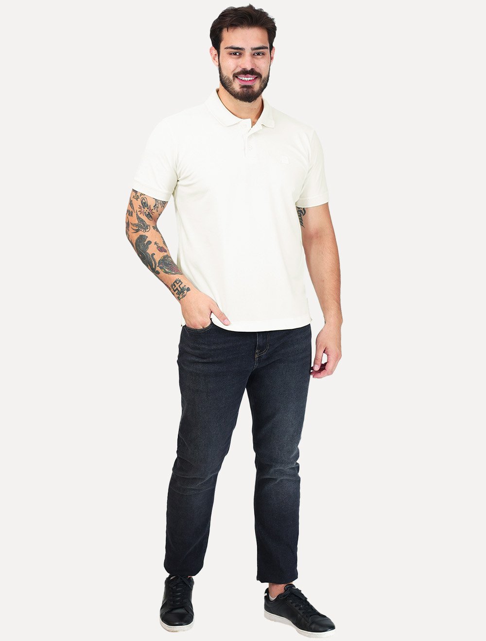 Polo K&J Black Masculina Premium Flex Slim Off-White