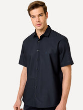 Camisa Dudalina Masculina Manga Curta Comfort Superfine Cotton Lisa Azul Marinho