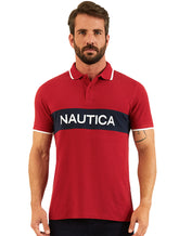 Polo Nautica Masculina Piquet Frisos Logo Colorblock Vermelha