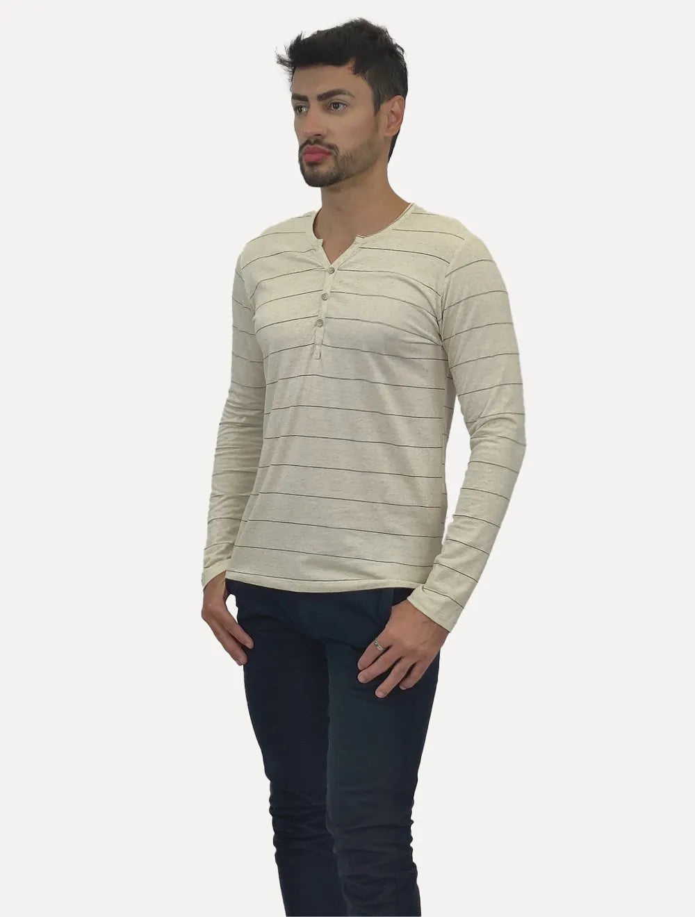 Camisa King & Joe Bata Masculina Manga Longa Henley Listrada Off-White