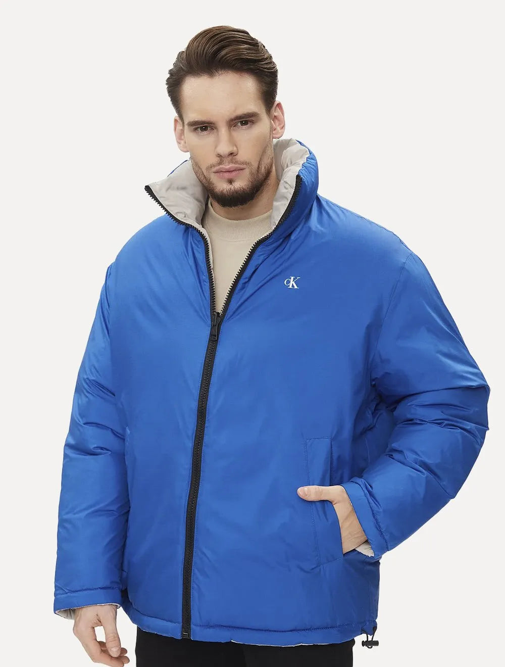Jaqueta Calvin Klein Jeans Dupla Face Puffer Reversible 90's Cinza/ Azul Royal