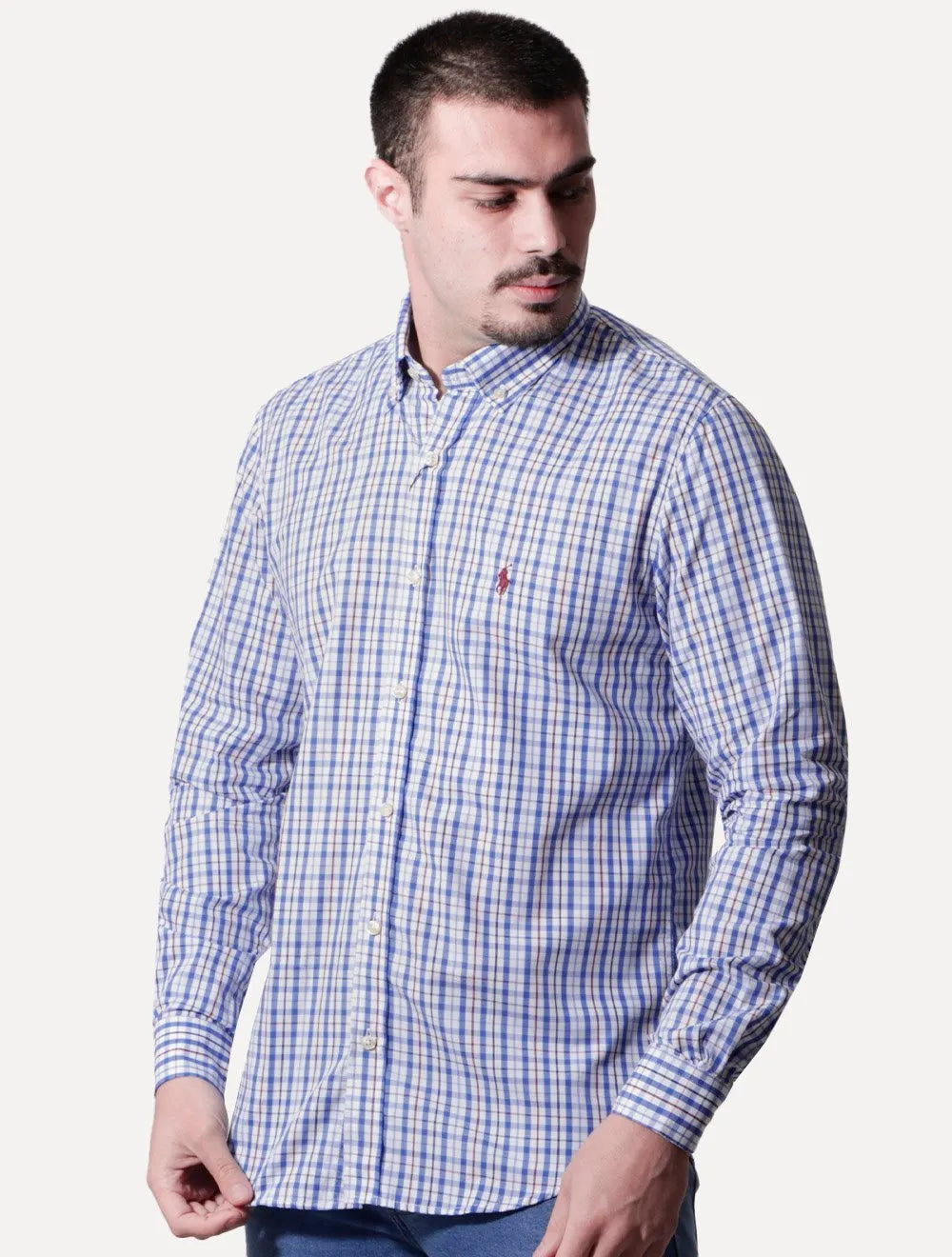 Camisa Ralph Lauren Masculina Custom Fit Atenas Xadrez Azul Royal/Branca