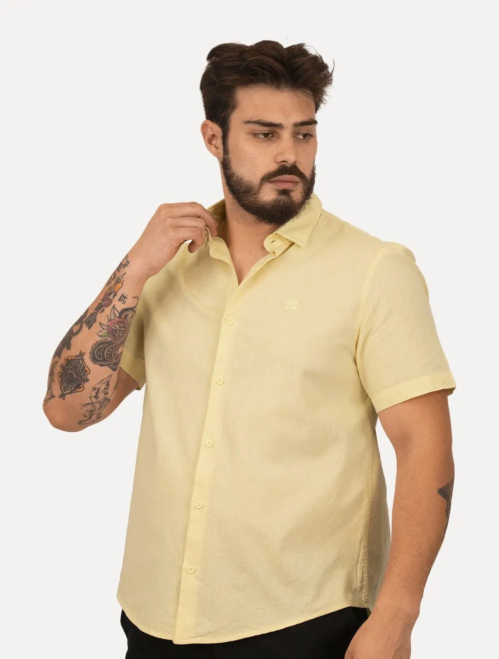 Camisa John John Masculina Regular Manga Curta Marc Linen Blend Amarela