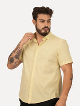 Camisa John John Masculina Regular Manga Curta Marc Linen Blend Amarela