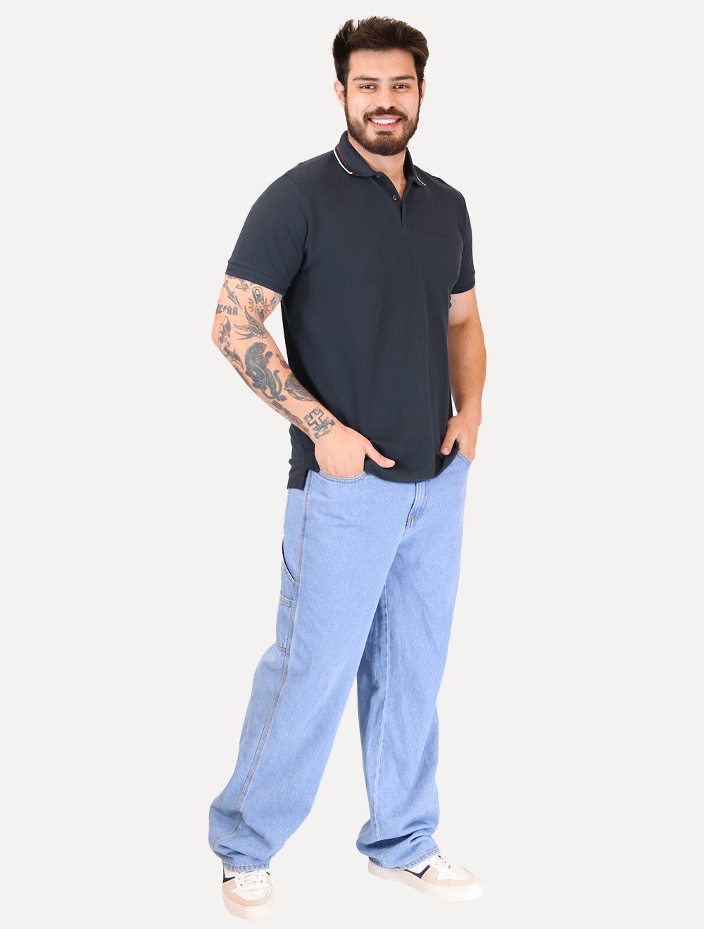 Polo Aramis Masculina Piquet Gola Duo Frisos Azul Marinho
