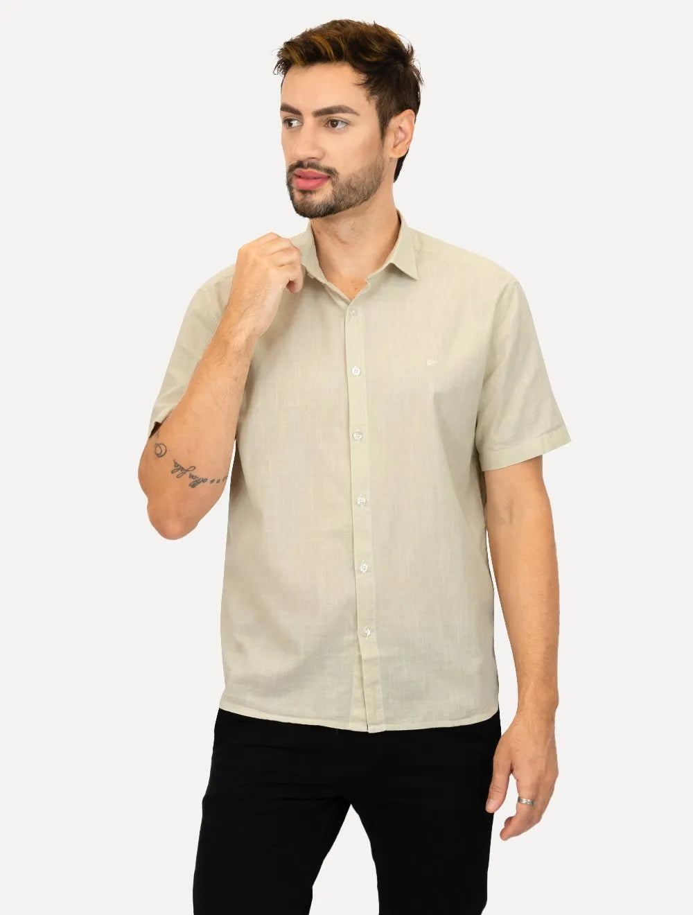 Camisa Ellus Masculina Regular Manga Curta Linen Like Surf New Italian Cáqui Claro