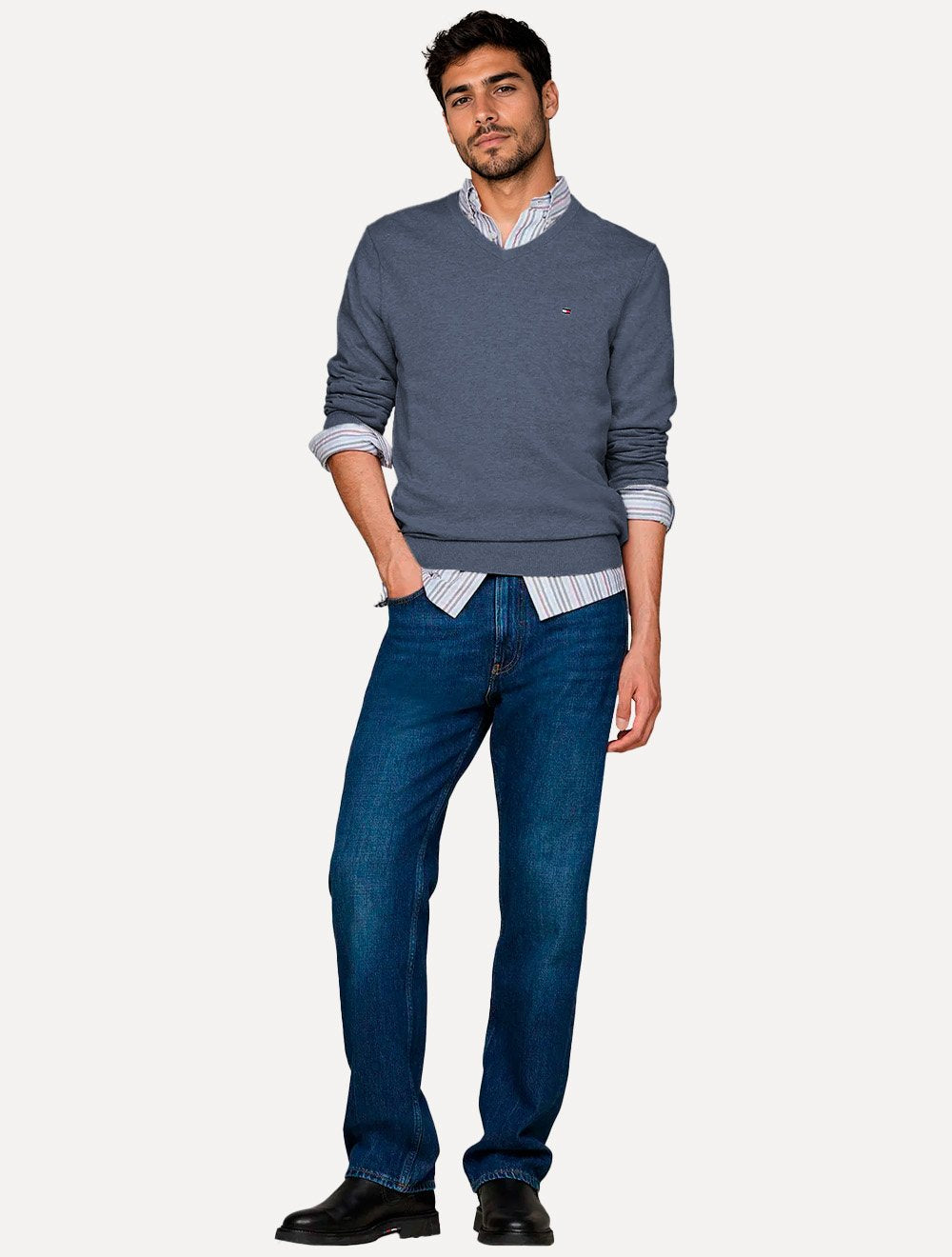 Suéter Tommy Hilfiger Masculino Signature V-Neck Azul Mescla