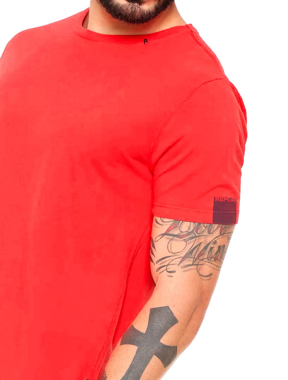 Camiseta Replay Masculina Basic Crewneck Logo Vermelho Coral