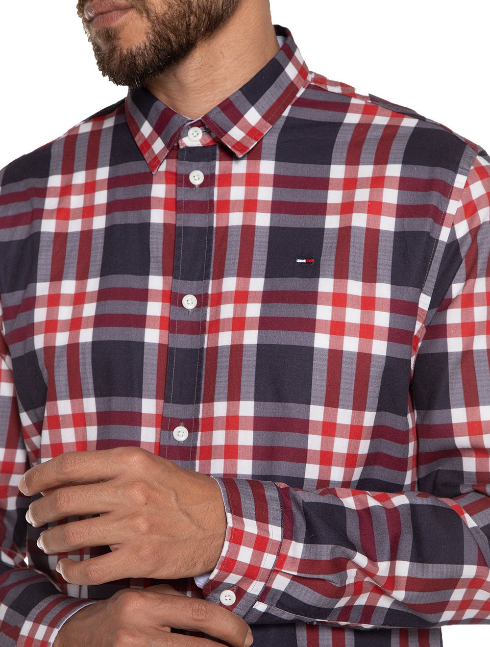 Camisa Tommy Jeans Masculina Regular Essential Poplin Check Vermelho Marinho