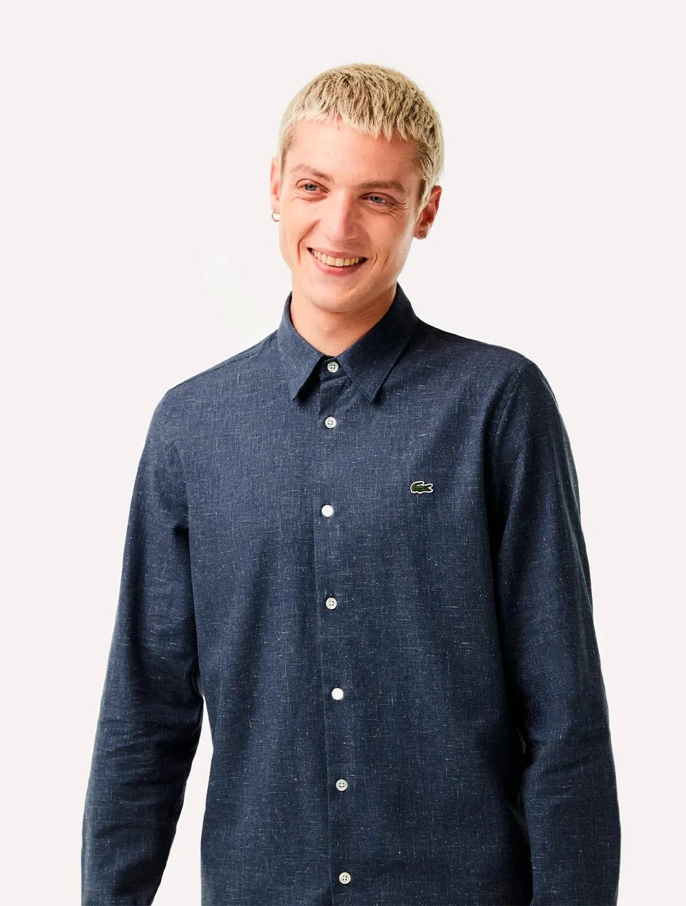 Camisa Lacoste Masculina Slim Fit Cotton Chambray Azul Escuro Mescla