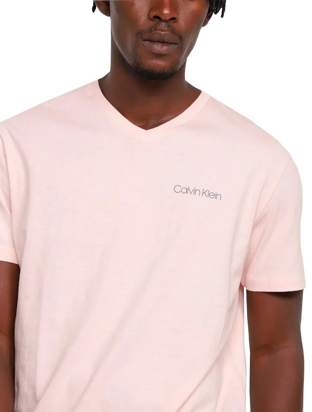 Camiseta Calvin Klein Swimwear Masculina V-Neck Slim Fit Logo Rosa Claro