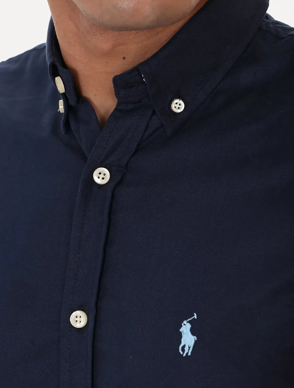 Camisa Ralph Lauren Masculina Manga Curta Custom Fit Oxford Azul Marinho