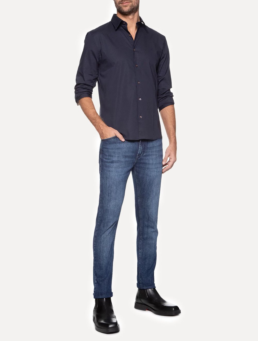 Camisa Ellus Masculina Tricoline Slim New Irish Azul Marinho