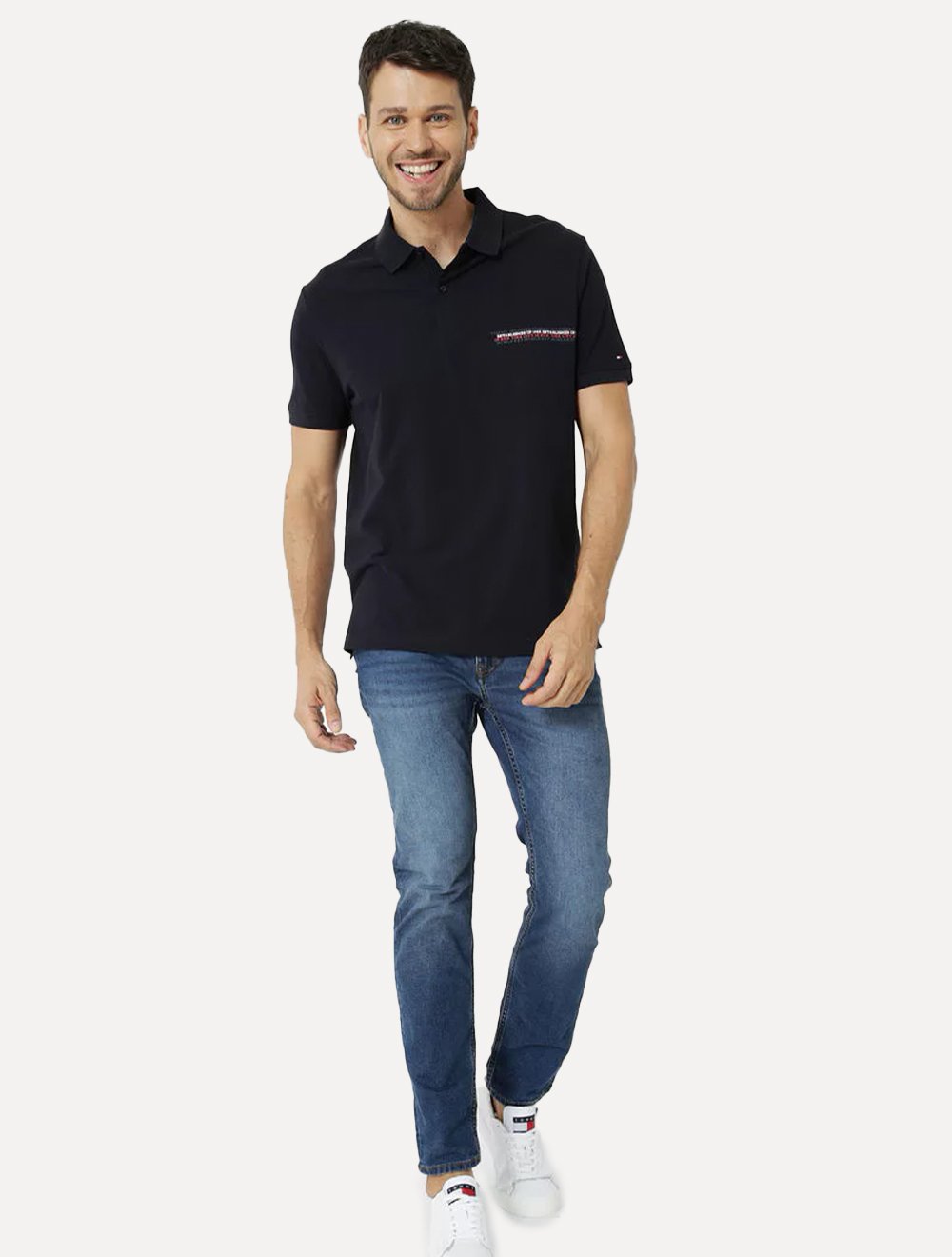 Polo Tommy Hilfiger Masculina Piquet Small Chest Stripe Azul Marinho