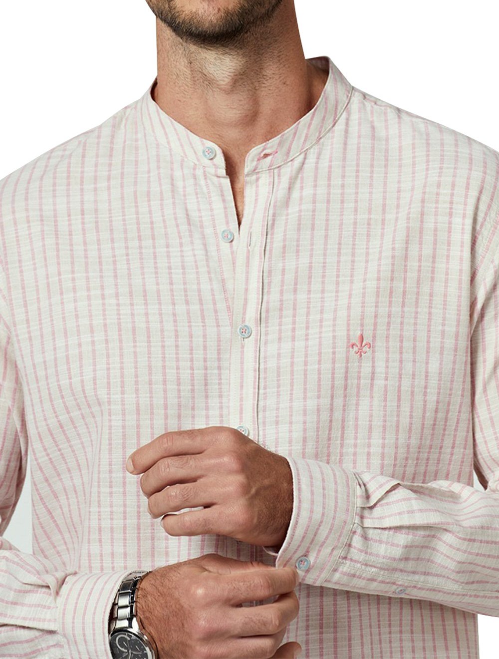 Camisa Dudalina Masculina Comfort Slub Cotton Listrada Rosa / Cáqui