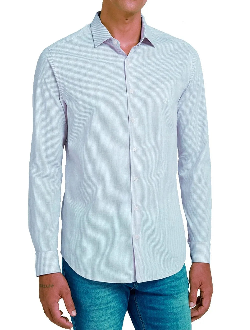 Camisa Dudalina Masculina Slim Superfine Cotton Mini Xadrez Azul/Branca